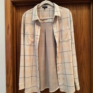Quince Cream Plaid Button-Down Shirt with Subtle Gray Lines